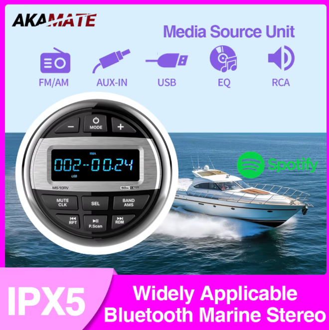 Lettore multimediale per radio per barche Stereo marino MP3 Radio audio Bluetooth impermeabile Ricevitore FM AM adatto per raccoglitori ATV UTV SPA RZR