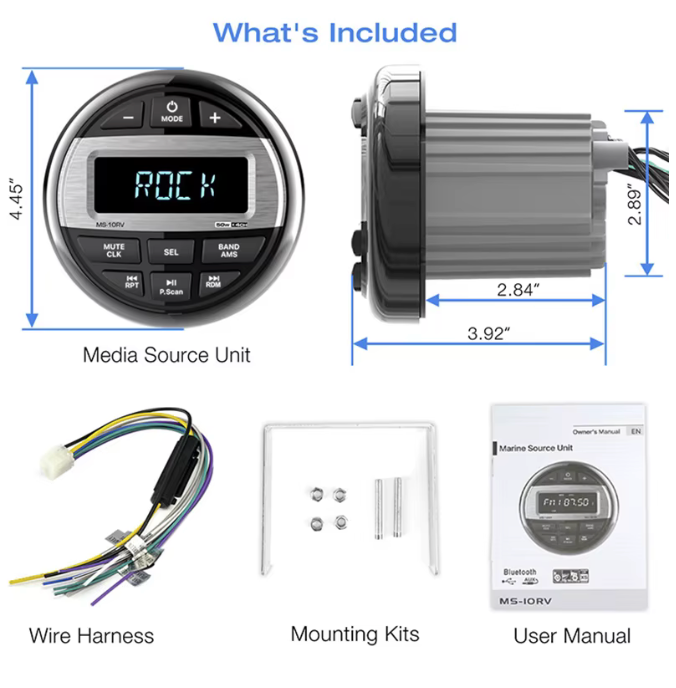 Lettore multimediale per radio per barche Stereo marino MP3 Radio audio Bluetooth impermeabile Ricevitore FM AM adatto per raccoglitori ATV UTV SPA RZR