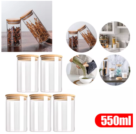 Contenitori per alimenti in vetro da 5 pezzi 300/550/950 ml con coperchio in legno Barattolo sigillato da cucina Bottiglia per serbatoio multigrano per alimenti
