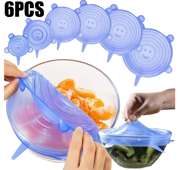 6 pezzi di copertura per la conservazione del silicone per uso alimentare, riutilizzabili, ermetici, per alimenti, tappi rotondi elasticizzati per piatti universali per accessori da cucina