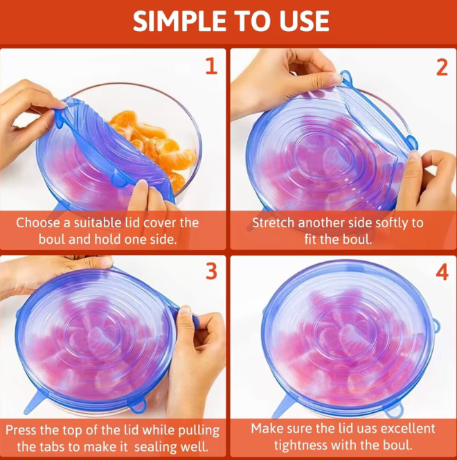 6 pezzi di copertura per la conservazione del silicone per uso alimentare, riutilizzabili, ermetici, per alimenti, tappi rotondi elasticizzati per piatti universali per accessori da cucina