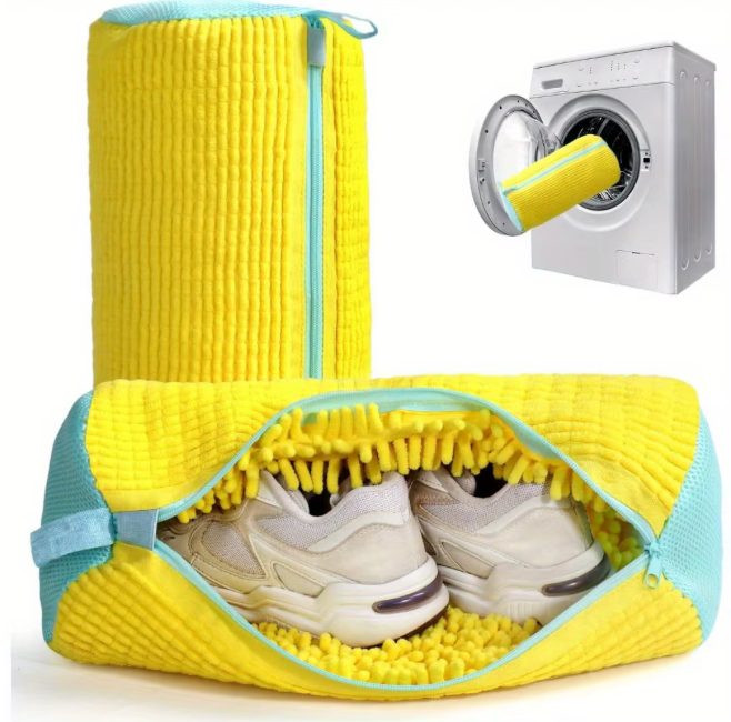 Borsa resistente per lavatrice di scarpe per tutti i tipi di scarpe, gialla con cerniera blu, ideale per scarpe da ginnastica e scarpe casual, borsa per il lavaggio della biancheria