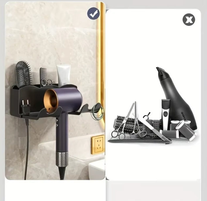1 portaoggetti per asciugacapelli, staffa montata a parete per bagno non perforata, portaoggetti per condotto d'aria per bagno