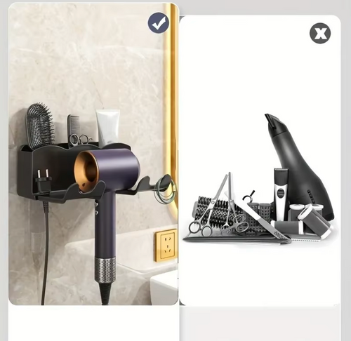 1 portaoggetti per asciugacapelli, staffa montata a parete per bagno non perforata, portaoggetti per condotto d'aria per bagno