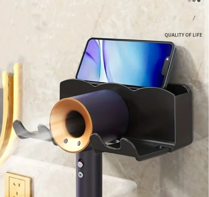 1 portaoggetti per asciugacapelli, staffa montata a parete per bagno non perforata, portaoggetti per condotto d'aria per bagno