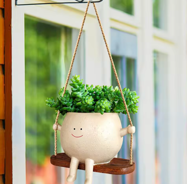 Vaso da fiori creativo con altalena - Fioriera sospesa in resina di cartone animato per l'arredamento del giardino domestico