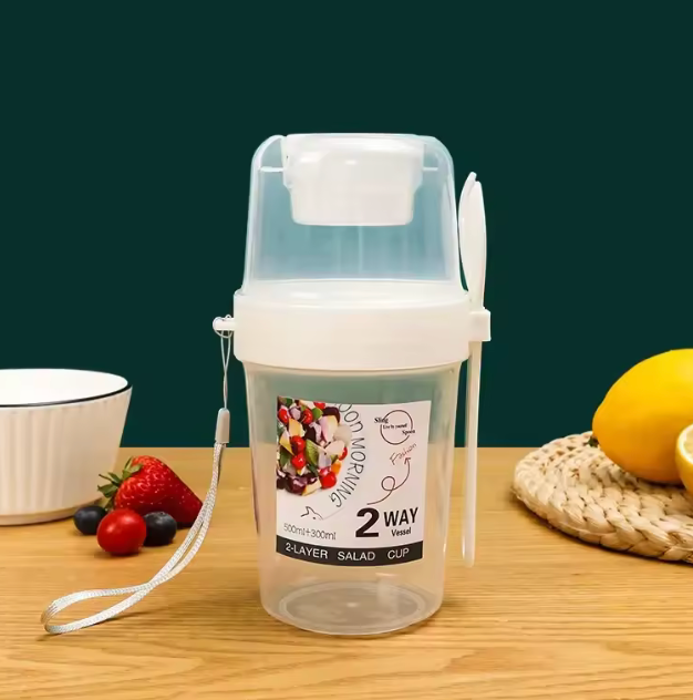 Carry Colazione Tazza Tazze per insalata Yogurt portatile Cereali Farina d'avena Snack Contenitori per parfait Supporti per condimenti per insalata con coperchio Forchette
