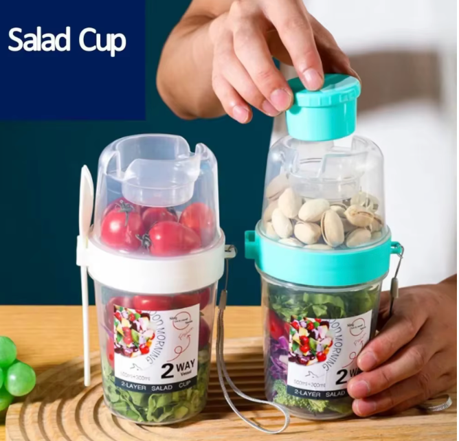 Carry Colazione Tazza Tazze per insalata Yogurt portatile Cereali Farina d'avena Snack Contenitori per parfait Supporti per condimenti per insalata con coperchio Forchette