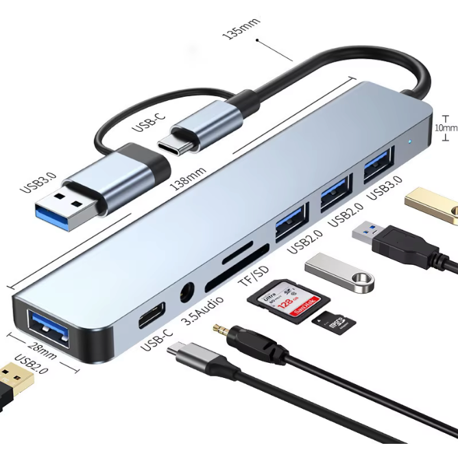 Docking station HUB USB + tipo C 8 in 2 con adattatore jack audio da 3,5 mm Lettore di schede Micro SD Convertitore disco per telefono tablet portatile